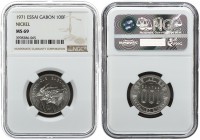 Gabon Essai 100 Francs 1971 Paris Mint. Averse: Three great eland left. Reverse: Denomination within circle date below. Nickel. KM E3. NGC MS 69