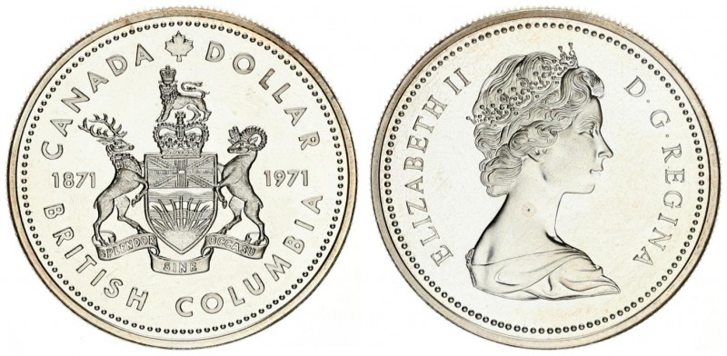 Canada 1 Dollar 1971 (1871-1971). Averse: Young bust right. Reverse: Shield divi...