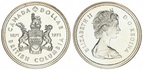 Canada 1 Dollar 1971 (1871-1971). Averse: Young bust right. Reverse: Shield divides dates denomination below flowers above. Silver. KM 80