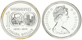 Canada 1 Dollar 1974 Winnipeg Centennial (1874-1974). Averse: Young bust right. Reverse: Zeros frame pictures dates below denomination at bottom. Silv...