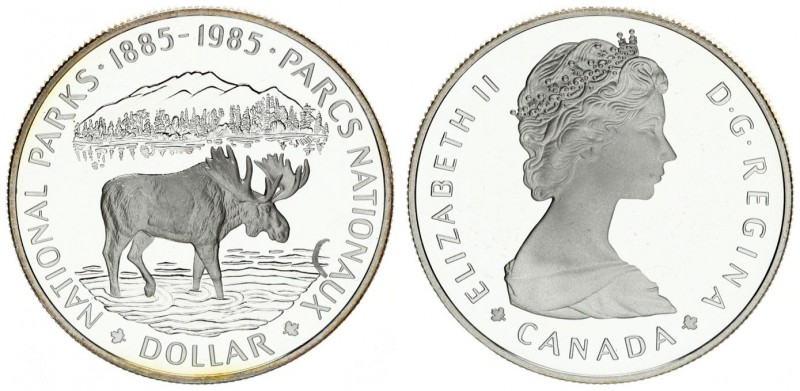 Canada 1 Dollar 1985 National Parks. Averse: Young bust right. Reverse: Moose ri...