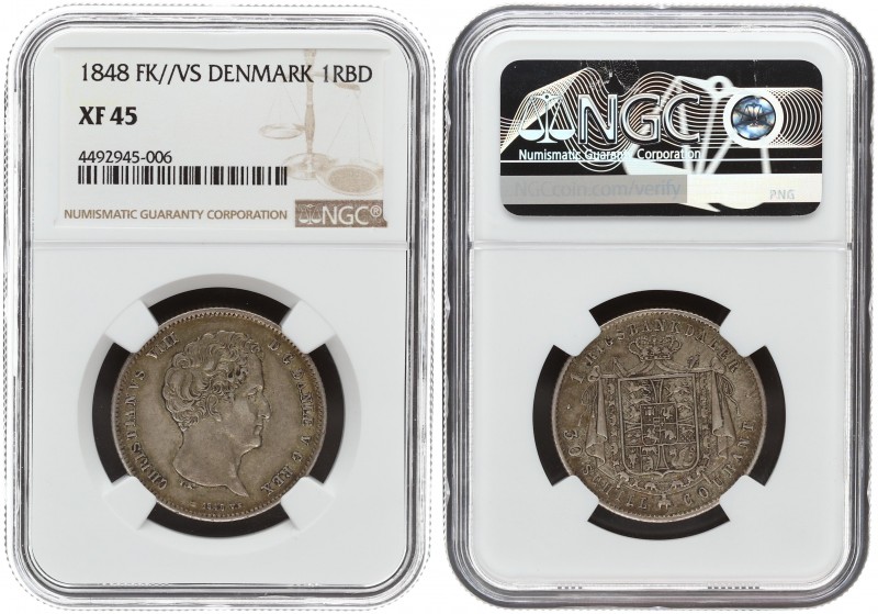 Denmark 1 Rigsbankdaler 1848 FK VS. Christian VIII(1839-1848). Averse: Head righ...