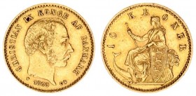 Denmark 10 Kroner 1890(h) CS;HC Christian IX(1863-1906). Averse: Head right. Reverse: Seated figure left with shield and porpoise. Gold. KM 790.1