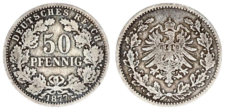 Germany Empire 50 Pfennig 1877 A. William I (1871-1888). Averse: Denomination. R...