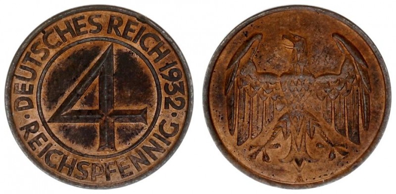 Germany Weimar Republic 4 Reichspfennig 1932 A. Averse: Large denomination withi...