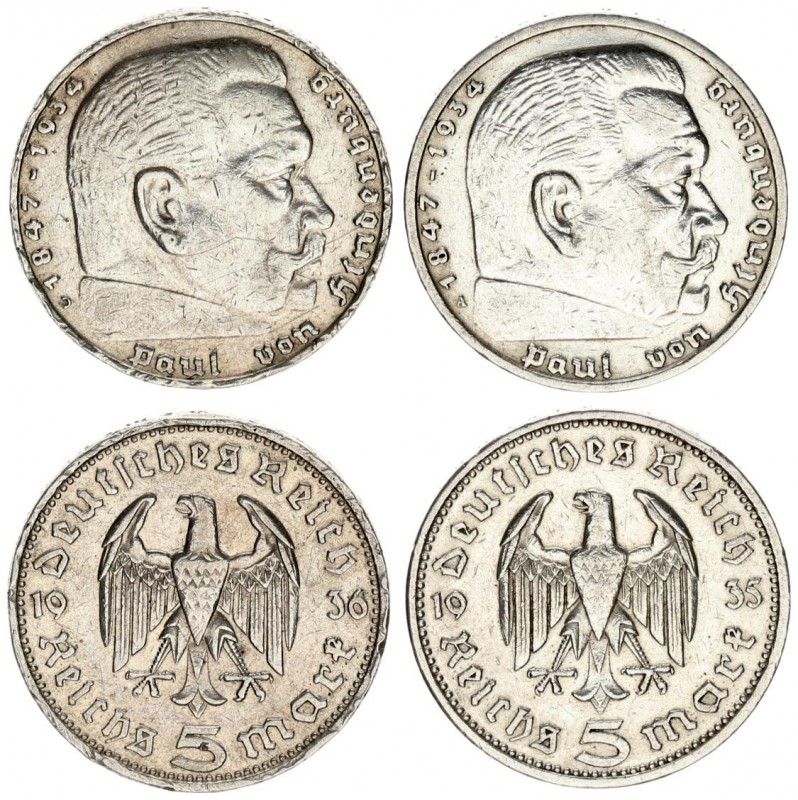 Germany Third Reich 5 Reichsmark 1935 A & 1936 D. Hindenburg issue. Averse: Eagl...