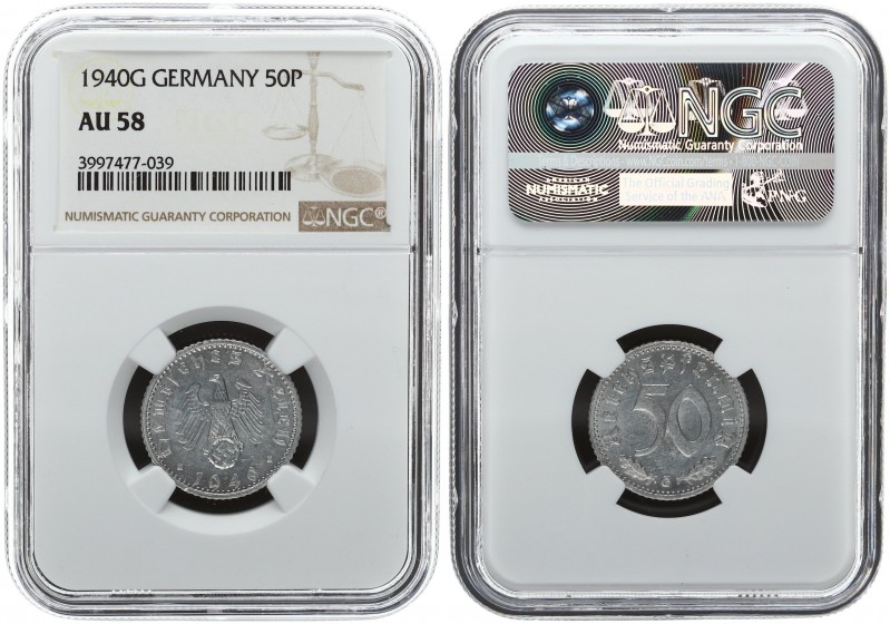 Germany Third Reich 50 Reichspfennig 1940 G. Averse: Eagle above swastika within...