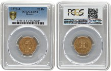 Greece 20 Drachmai 1876 A George I (1863-1913). Averse: Young head right. Reverse: Arms within crowned mantle. Gold. KM 49. PCGS AU53