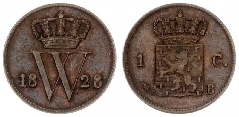 Netherlands 1 Cent 1828 B Brussels. William I(1815-1840). Averse: Crowned W divi...