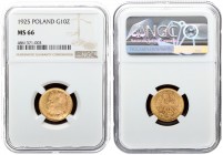 Poland 10 Zlotych 1925 Warsaw 900th anniversary of the coronation of Bolesław the Brave. Gold. 3.23 g. Br. 116; Parchimowicz 125. NGC MS 66