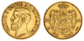 Romania 20 Lei 1883 B Carol I(1881-1914). Averse: Head left. Obverse Legend: CAROL I REGE (King). Reverse: Crowned arms with supporters within crowned...