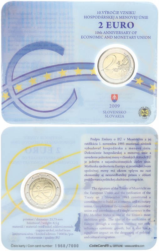 Slovakia 2 Euro 2009 EMU 10th Anniversary. Averse: Stick figure and large E symb...