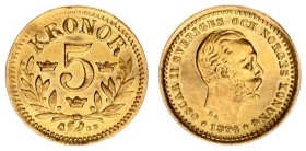 Sweden 5 Kronor 1894 EB Oscar II(1872-1907). Averse: Head right. Averse Legend: OSCAR II SVERIGES... Reverse: Value 3 crowns above sprigs. Gold. KM 75...