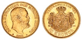Sweden 10 Kronor 1901 EB Oscar II(1872-1907). Averse: Large head right. Reverse: Crowned and mantled arms. Gold. KM 767