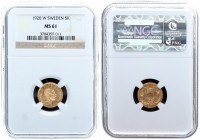 Sweden 5 Kronor 1920 W Gustaf V (1907-1950).Averse: Head right. Reverse: Value and crowns above sprigs. Gold. KM 797. NGC MS 61