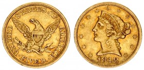 USA Five Dollars 1848 Philadelphia. Coin United States Coronet Head $5 Half Eagle Coronet Head. Coronet head left within circle of stars. No motto abo...