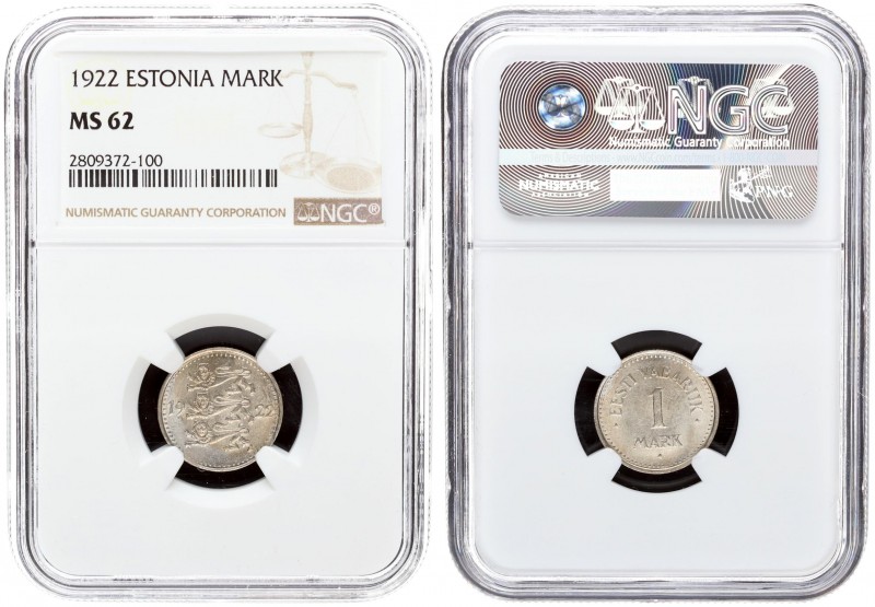 Estonia 1 Mark 1922 Averse: Three leopards left divide date. Reverse: Denominati...