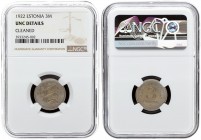 Estonia 3 Marka 1922 Averse: Three leopards left divide date. Reverse: Denomination. Copper-Nickel. KM 2. NGC UNC DETAILS