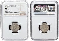 Estonia 3 Marka 1922 Averse: Three leopards left divide date. Reverse: Denomination. Copper-Nickel. KM 2. NGC MS 61