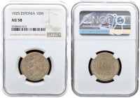 Estonia 10 Marka 1925 Averse: Three leopards left divide date. Reverse: Denomination. Edge Description: Milled. Nickel-Bronze. KM 4. NGC AU 58