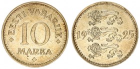 Estonia 10 Marka 1925 Averse: Three leopards left divide date. Reverse: Denomination. Edge Description: Milled. Nickel-Bronze. KM 4