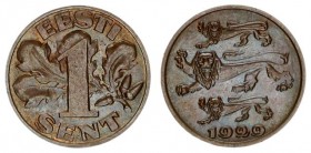 Estonia 1 Sent 1929 Averse: Three leopards left above date. Reverse: Denomination oak leaves in background. Edge Description: Plain. Bronze. KM 10