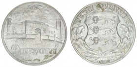 Estonia 2 Krooni 1930 Toompea Fortress at Tallinn. Averse: National arms wreath surrounds date below. Reverse: Castle denomination below. Edge Descrip...