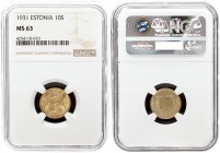 Estonia 10 Senti 1931 Averse: National arms divide date. Reverse: Denomination. Edge Description: Plain. Nickel-Bronze. KM 12. NGC MS 63