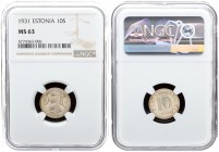 Estonia 10 Senti 1931 Averse: National arms divide date. Reverse: Denomination. Edge Description: Plain. Nickel-Bronze. KM 12. NGC MS 63