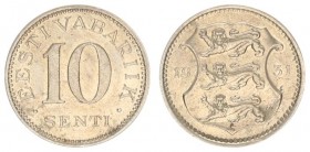 Estonia 10 Senti 1931 Averse: National arms divide date. Reverse: Denomination. Edge Description: Plain. Nickel-Bronze. KM 12