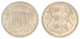 Estonia 10 Senti 1931 Averse: National arms divide date. Reverse: Denomination. Edge Description: Plain. Nickel-Bronze. KM 12
