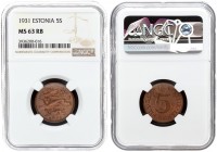Estonia 5 Senti 1931 Averse: Three leopards left above date. Reverse: Denomination. Edge Description: Plain. Bronze. KM 11. NGC MS 63 RB