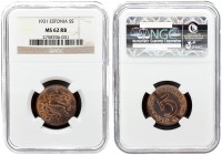 Estonia 5 Senti 1931 Averse: Three leopards left above date. Reverse: Denomination. Edge Description: Plain. Bronze. KM 11. NGC MS 62 RB