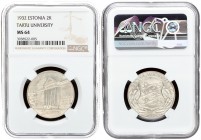 Estonia 2 Krooni 1932 Tercentenary - University of Tartu. Averse: National arms wreath surrounds date below. Reverse: University building denomination...