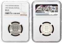 Estonia 1 Kroon 1933 10th Singing Festival. Averse: National arms wreath surrounds date below. Reverse: Harp divides dates denomination below. Silver....