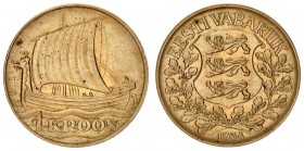 Estonia 1 Kroon 1934 Averse: National arms wreath surrounds date below. Reverse: Ship of Vikings denomination below. Edge Description: Plain. Aluminum...
