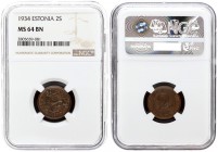 Estonia 2 Senti 1934 Averse: Three leopards left above date. Reverse: Denomination. Edge Description: Plain. Bronze. KM 15. NGC MS 64 BN