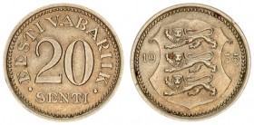 Estonia 20 Senti 1935 Averse: National arms divide date. Reverse: Denomination. Edge Description: Plain. Nickel-Bronze. KM 17