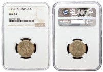 Estonia 20 Senti 1935 Averse: National arms divide date. Reverse: Denomination. Edge Description: Plain. Nickel-Bronze. KM 17. NGC MS 63