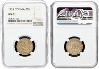 Estonia 20 Senti 1935 Averse: National arms divide date. Reverse: Denomination. Edge Description: Plain. Nickel-Bronze. KM 17. NGC MS 61