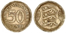 Estonia 50 Senti 1936 Averse: National arms divide date. Reverse: Denomination. Edge Description: Milled. Nickel-Bronze. KM 18. Surface irregularities