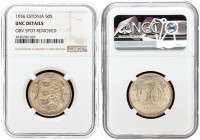 Estonia 50 Senti 1936 Averse: National arms divide date. Reverse: Denomination. Edge Description: Plain. Nickel-Bronze. KM 18. NGC UNC DETAILS