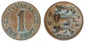 Estonia 1 Sent 1939 Averse: Three leopards left above date. Reverse: Denomination. Edge Description: Plain. Bronze. KM 19.1