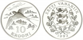 Estonia 10 Krooni 1992 Averse: National arms wreath surrounds date below. Reverse: Barn Swallow denomination below. Silver. KM 26. In original box wit...