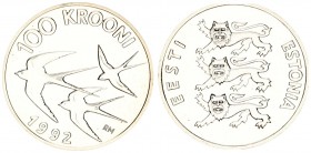 Estonia 100 Krooni 1992. Averse: National arms. Reverse: Barn Swallows date below denomination above. Silver. KM 27. In original box