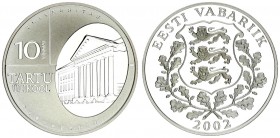 Estonia 10 Krooni 2002 Tartu University. Averse: National arms. Reverse: Building in oval value at left. Edge Description: Reeded. Silver. KM 38. In o...