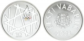 Estonia 10 Krooni 2008 Olympics. Averse: Arms. Reverse: Torch and geometric patterns. Silver. KM 48. In original box with certificate of Authenticity