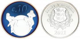 Estonia 10 Euro 2011 Estonia's Future Proof Box. Averse: National arms. Reverse: Two dancing figures value at top. Edge Lettering: Ag 999.9. Silver. K...