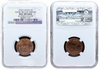 Latvia 5 Santimi 1922 Mint name below ribbon. Averse: National arms above ribbon. Reverse: Value and date Bronze. KM 3. NGC UNC DETAILS
