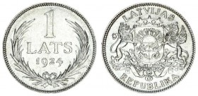 Latvia 1 Lats 1924. Averse: Arms with supporters. Reverse: Value and date within wreath. Edge Description: Milled. Silver. KM 7